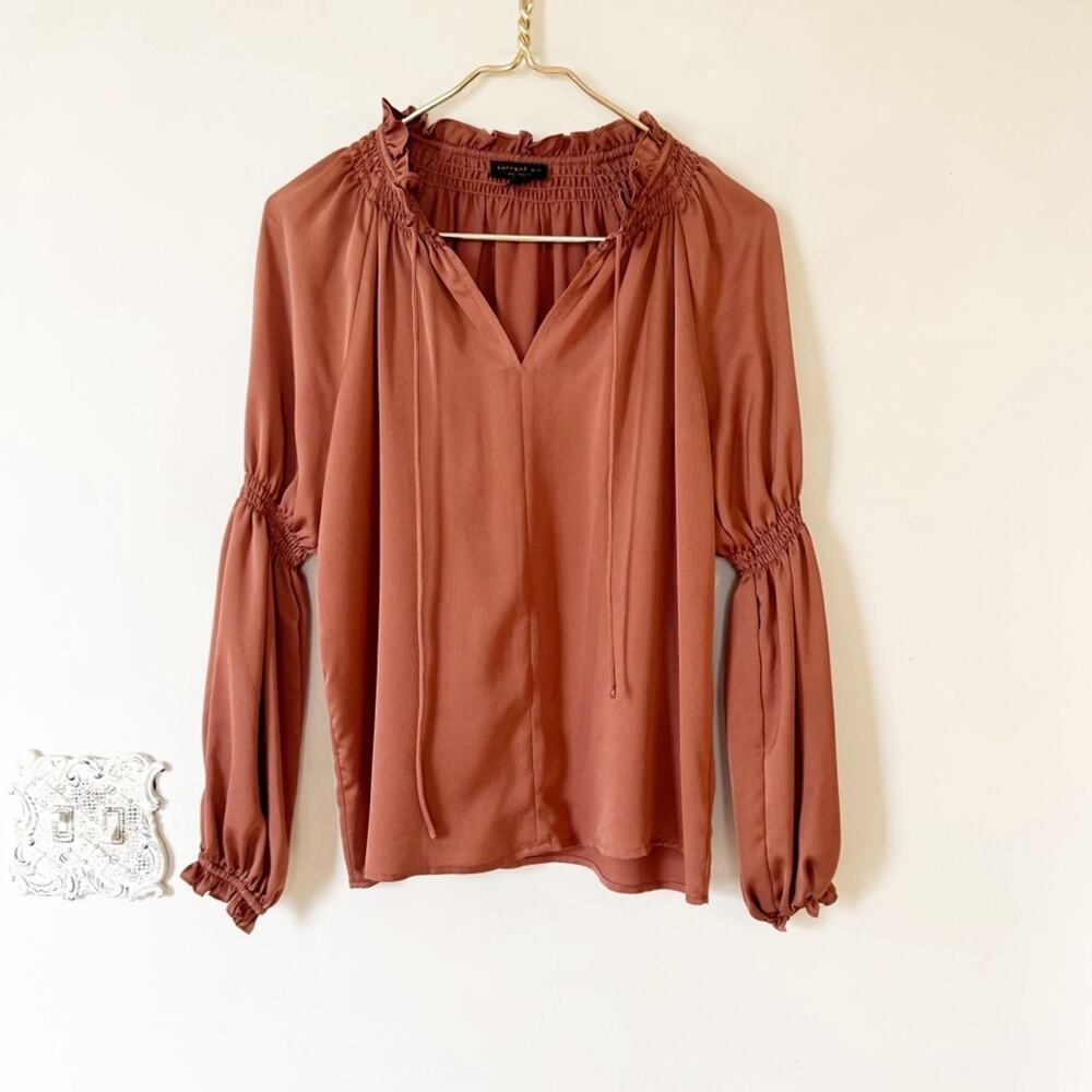Anthropologie Current Air Rust Smocked Puff Sleeve Tie Neck Silky Blouse XS